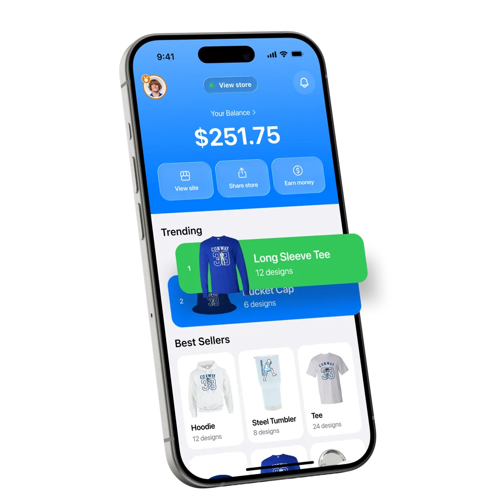 Athlete Merch app home screen showing an athlete’s balance, trending products, and best sellers